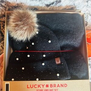 Lucky Brand Black Hat and Scarf Set with Pearl Details